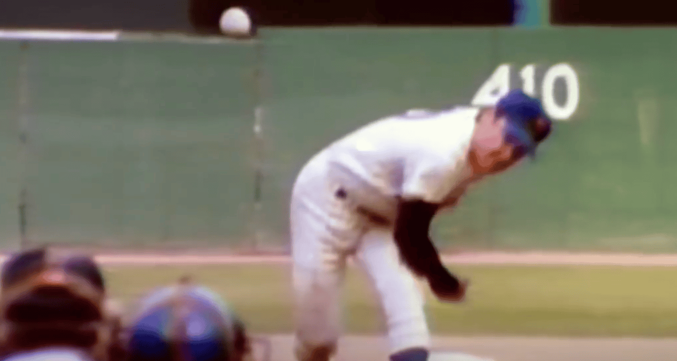 Image of Tom Seaver, showcasing his pitching form and dominance over today's hitters.
